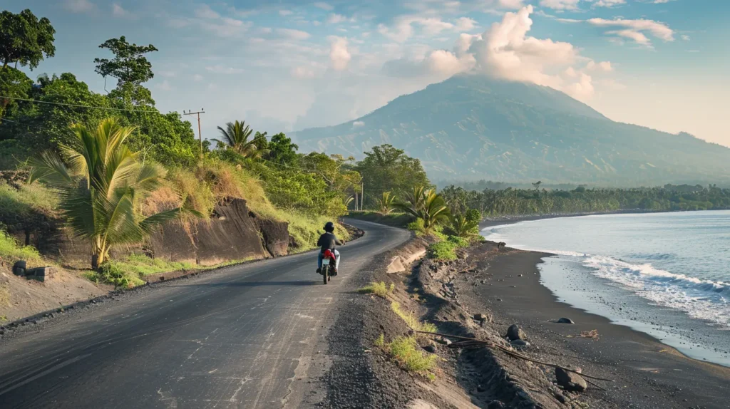 Amed Bali coastal road scooter Mount Agung view