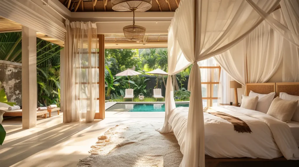 Seminyak luxury villa rental bedroom open air